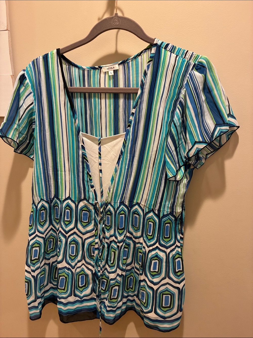NICOLA Blue, Green and White Striped Geometric V-Neck Peplum Top